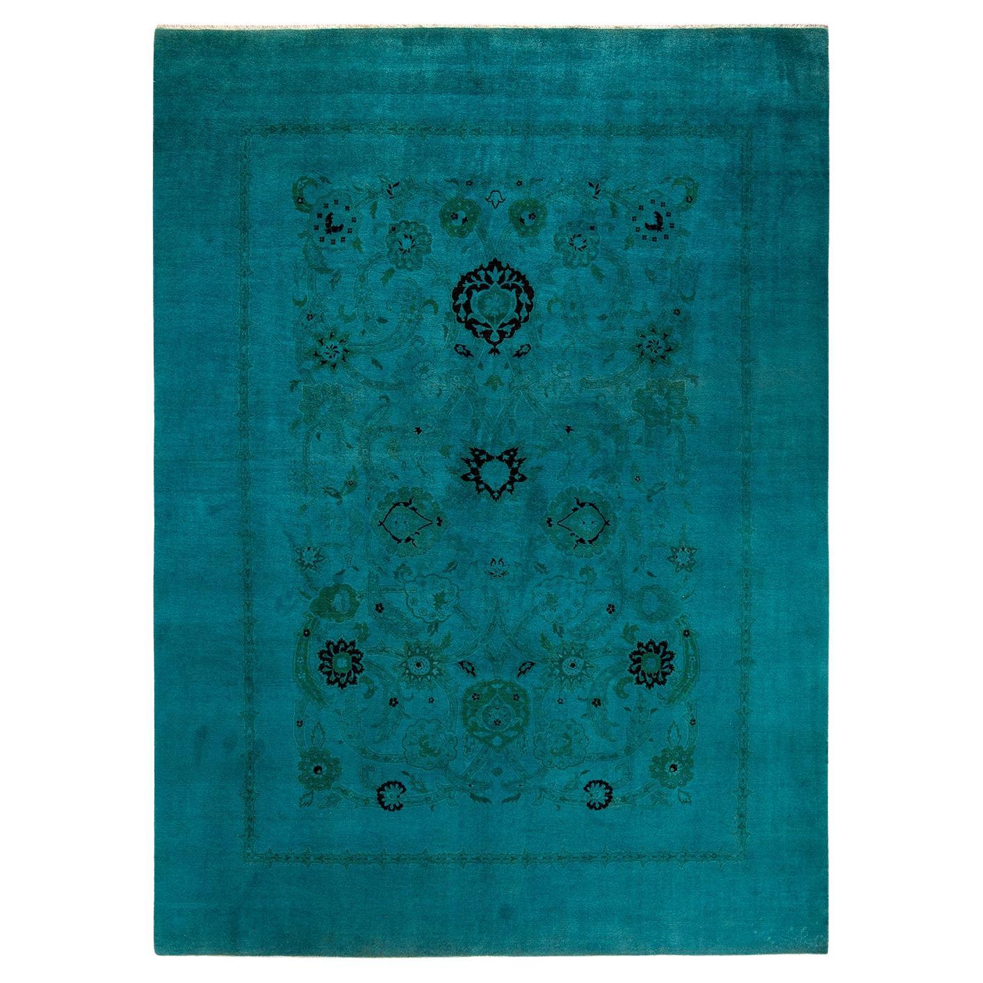 Tappeto contemporaneo in lana sovratinta annodata a mano di colore blu