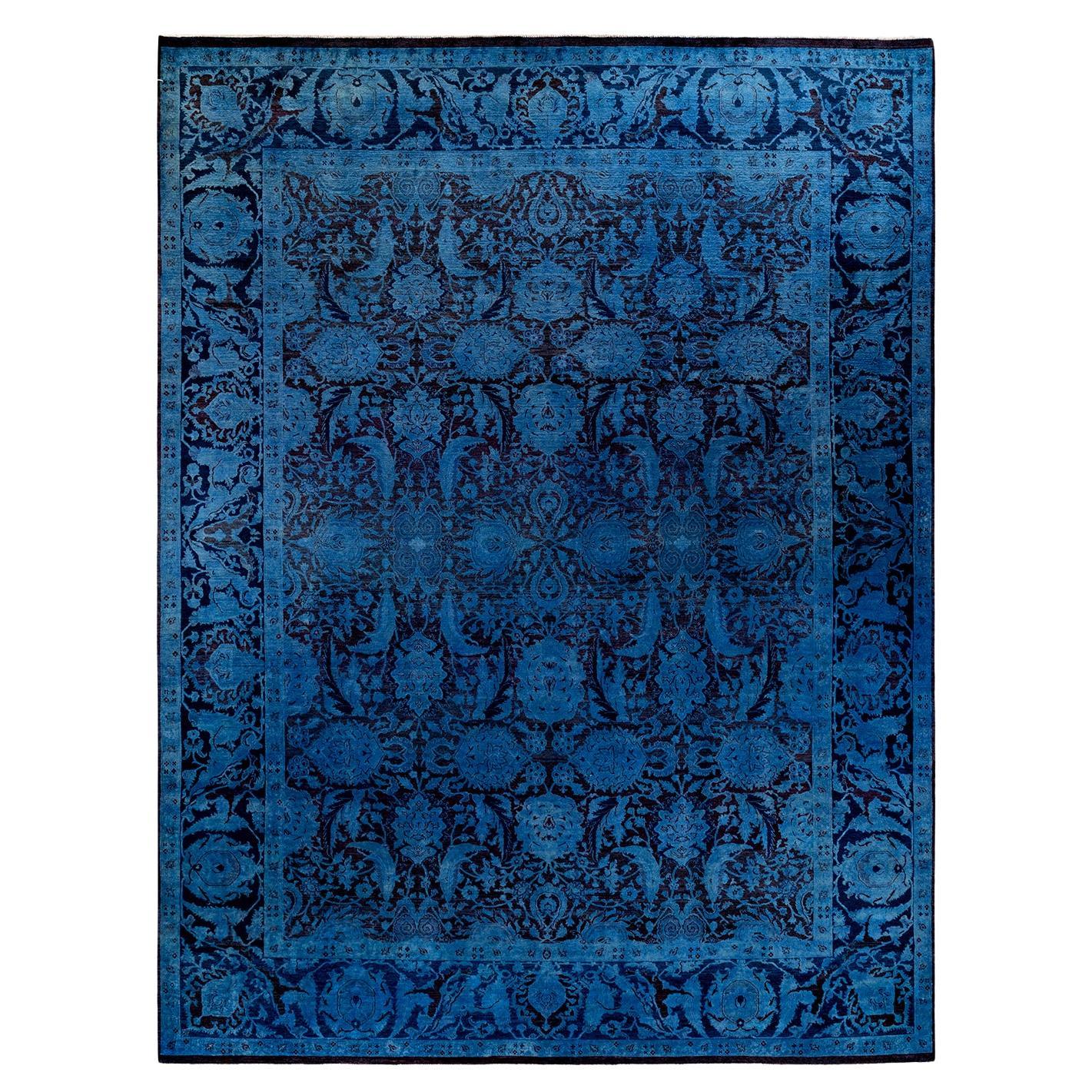 Contemporary Overdyed Hand Knotted Wool Blue Area Rug For Sale