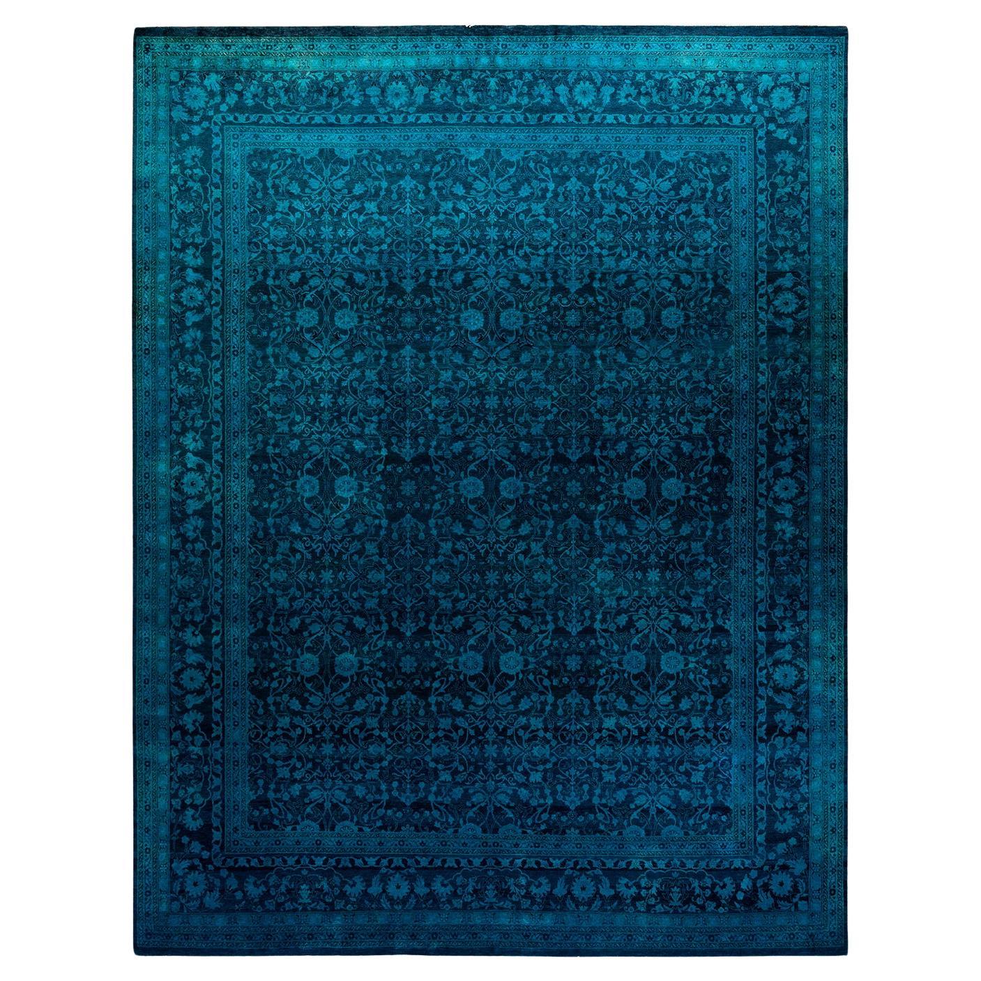 Contemporary Overdyed Hand Knotted Wool Blue Area Rug For Sale