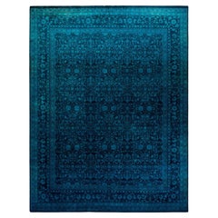 Tappeto contemporaneo in lana sovratinta annodata a mano di colore blu