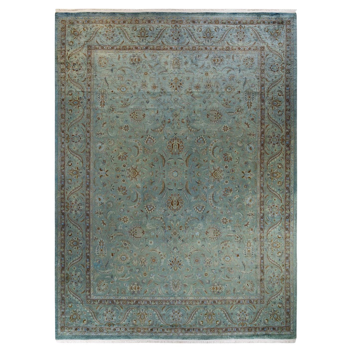 Contemporary Overdyed Hand Knotted Wool Blue Area Rug For Sale