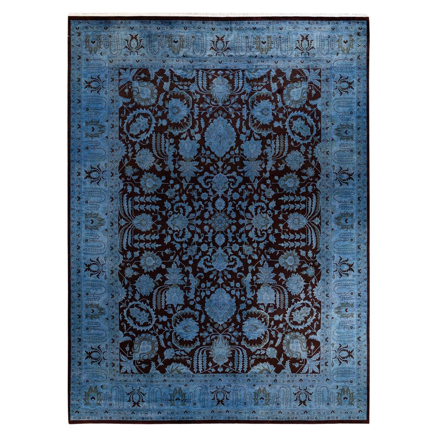 Contemporary Overdyed Hand Knotted Wool Blue Area Rug For Sale