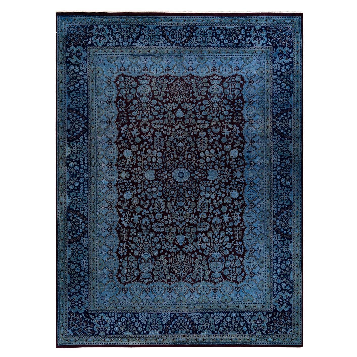 Contemporary Overdyed Hand Knotted Wool Blue Area Rug