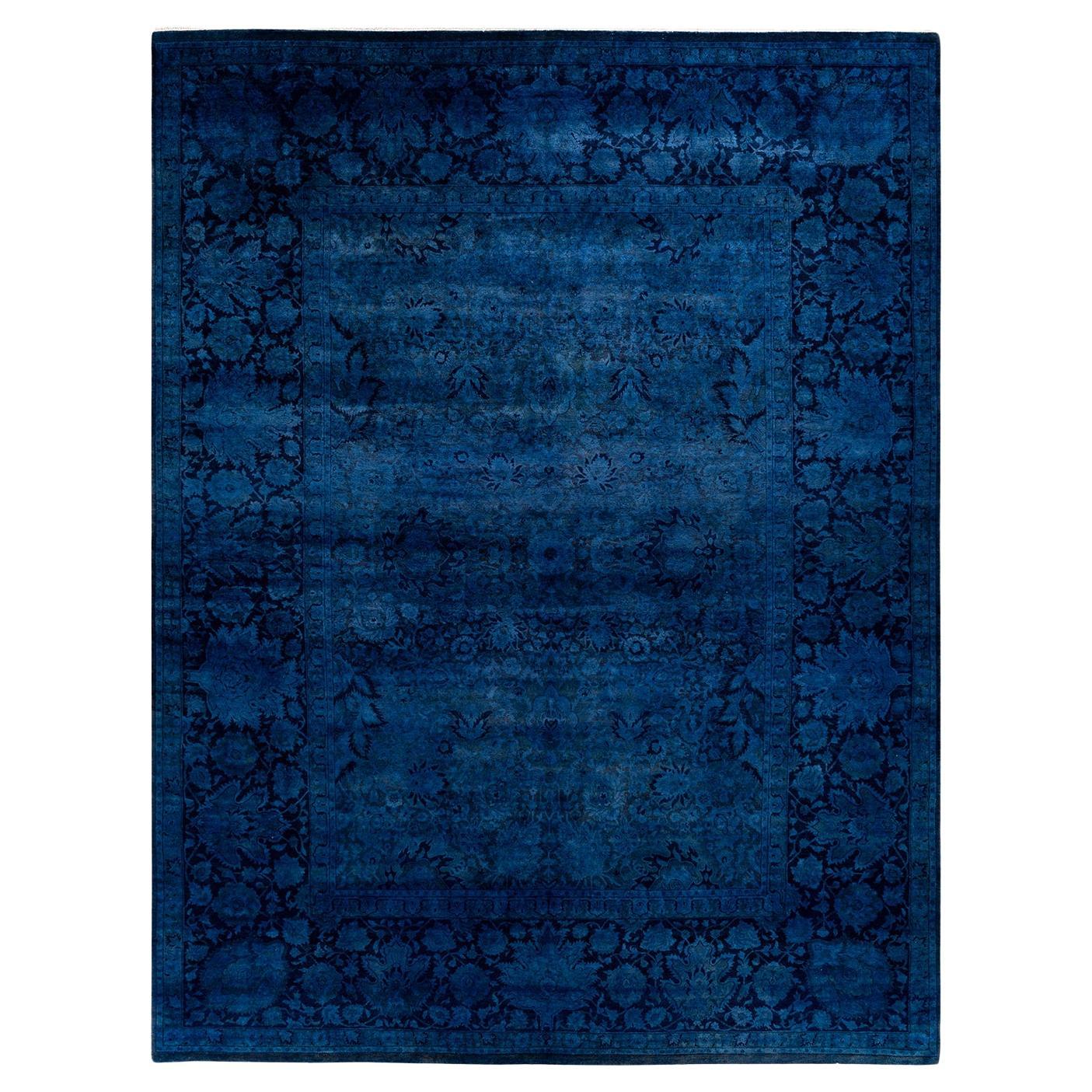Contemporary Overdyed Hand Knotted Wool Blue Area Rug
