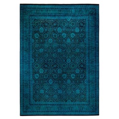 Tappeto contemporaneo in lana sovratinta annodata a mano di colore blu