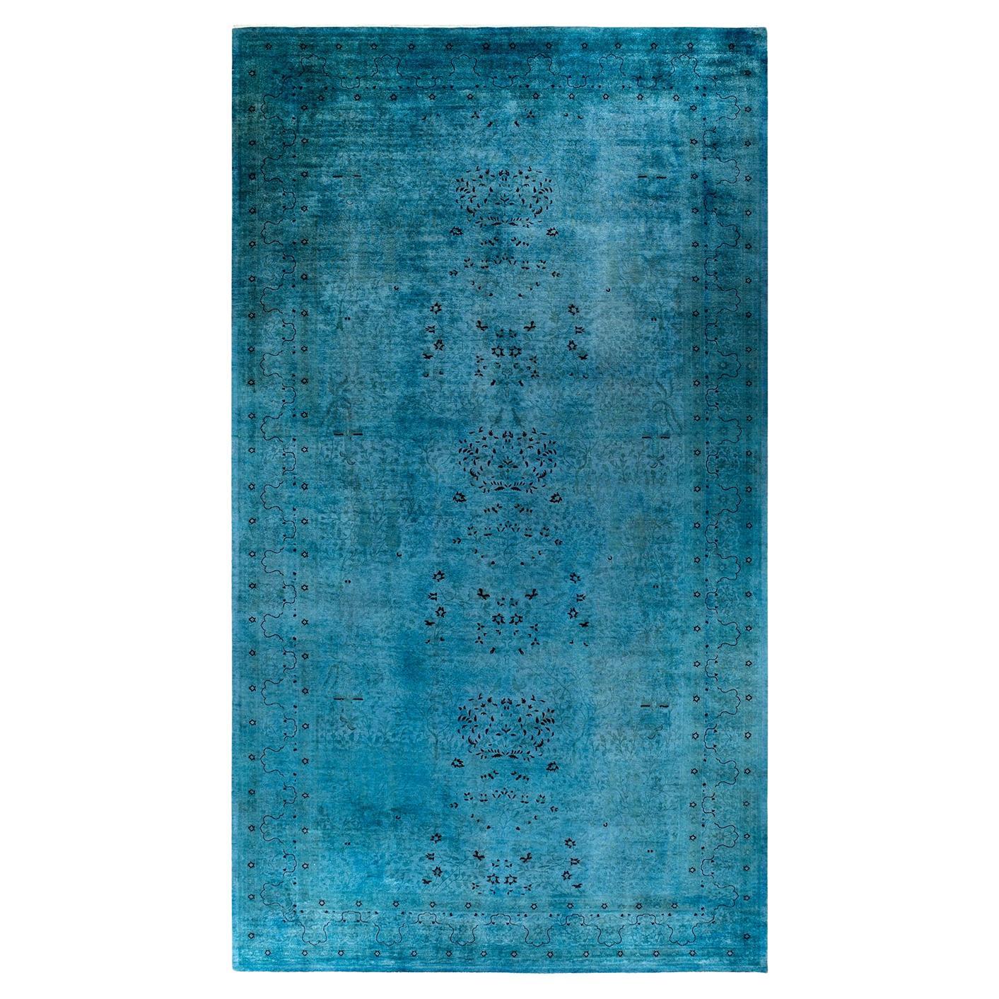 Contemporary Overdyed Hand Knotted Wool Blue Area Rug For Sale