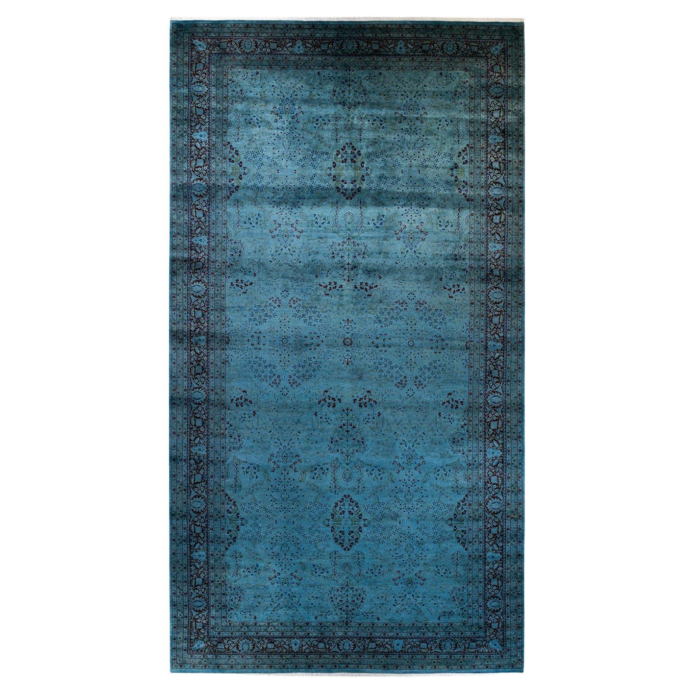 Tappeto contemporaneo in lana sovratinta annodata a mano di colore blu