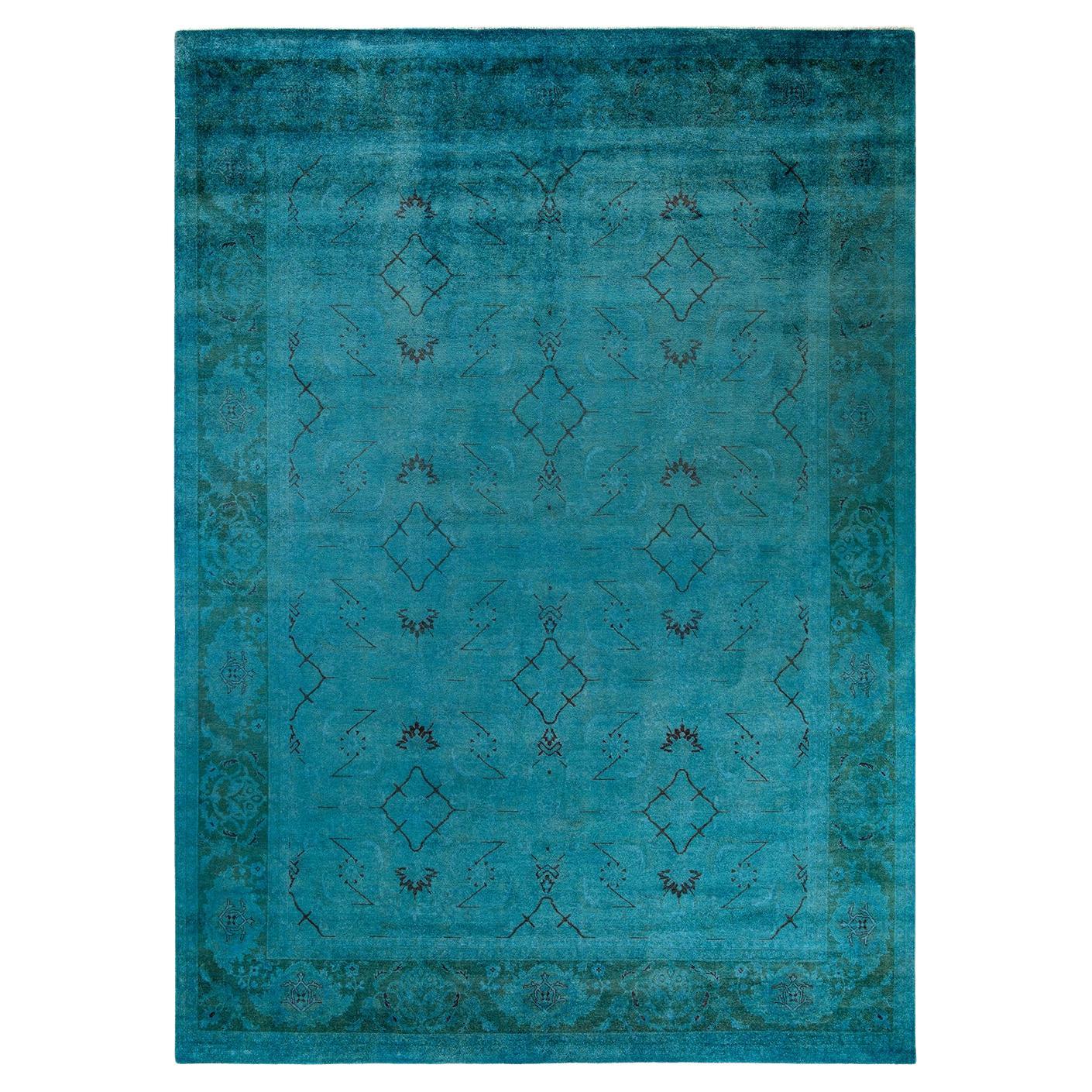 Contemporary Overdyed Hand Knotted Wool Blue Area Rug