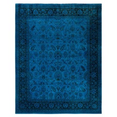 Tapis de sol contemporain en laine surteinte nouée à la main, bleu