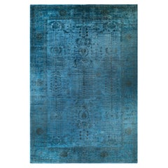 Tapis de sol contemporain en laine surteinte nouée à la main, bleu