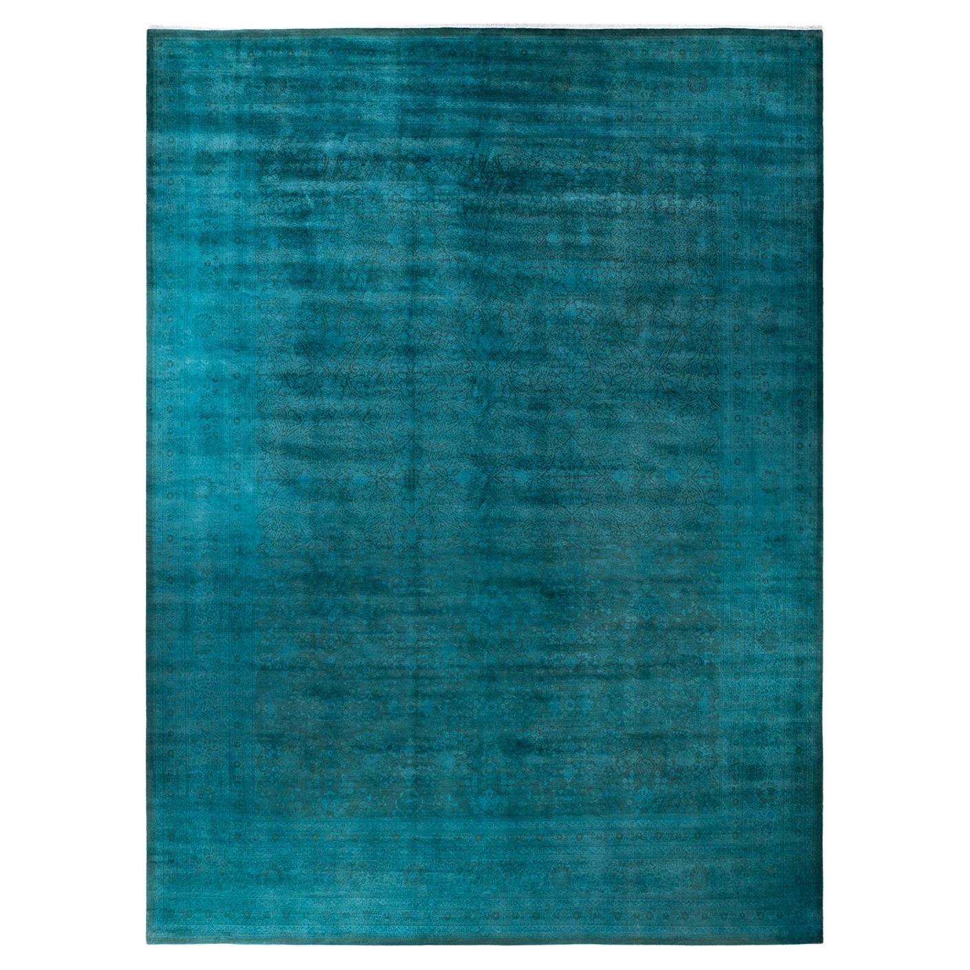 Contemporary Overdyed Hand Knotted Wool Blue Area Rug For Sale