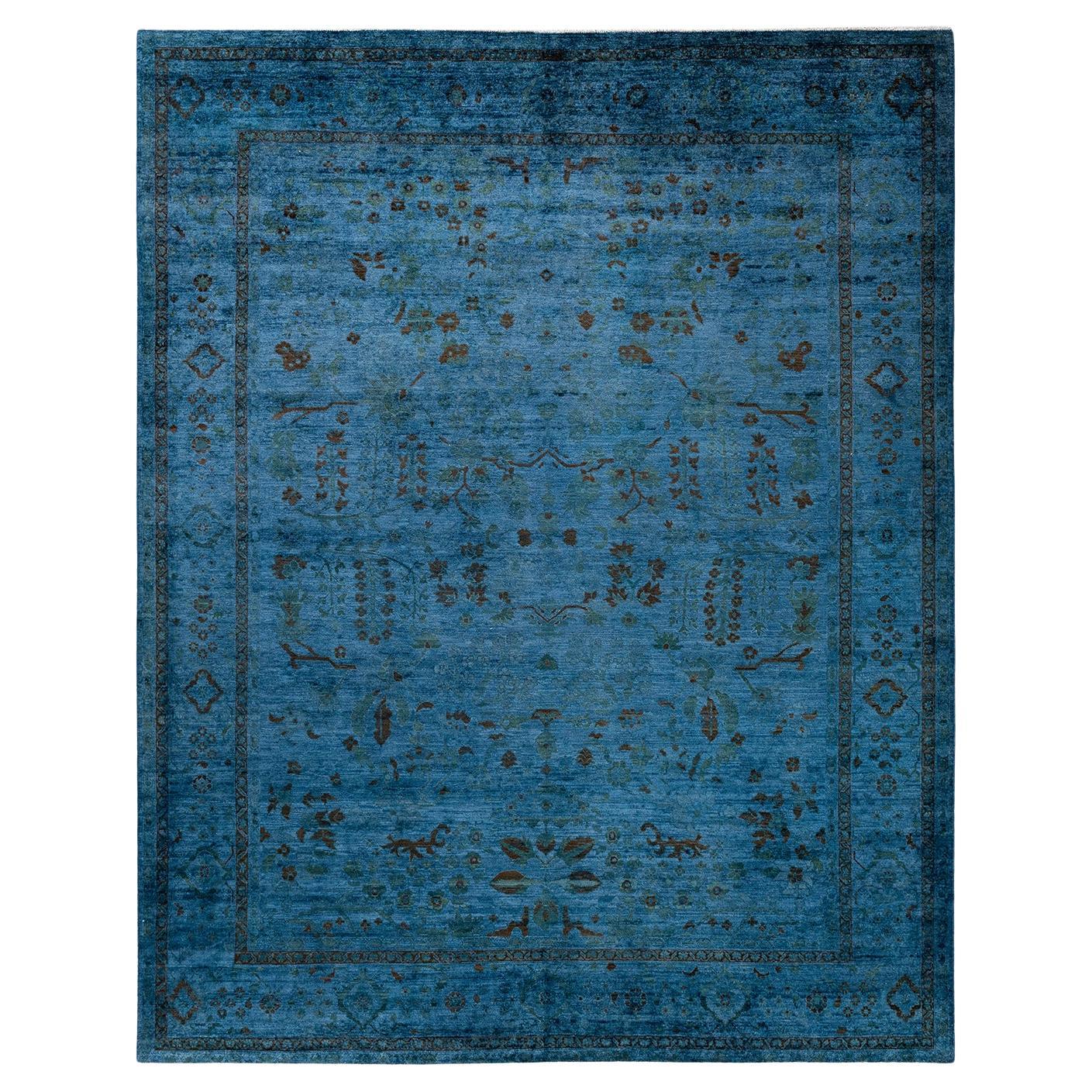 Tappeto contemporaneo in lana sovratinta annodata a mano di colore blu