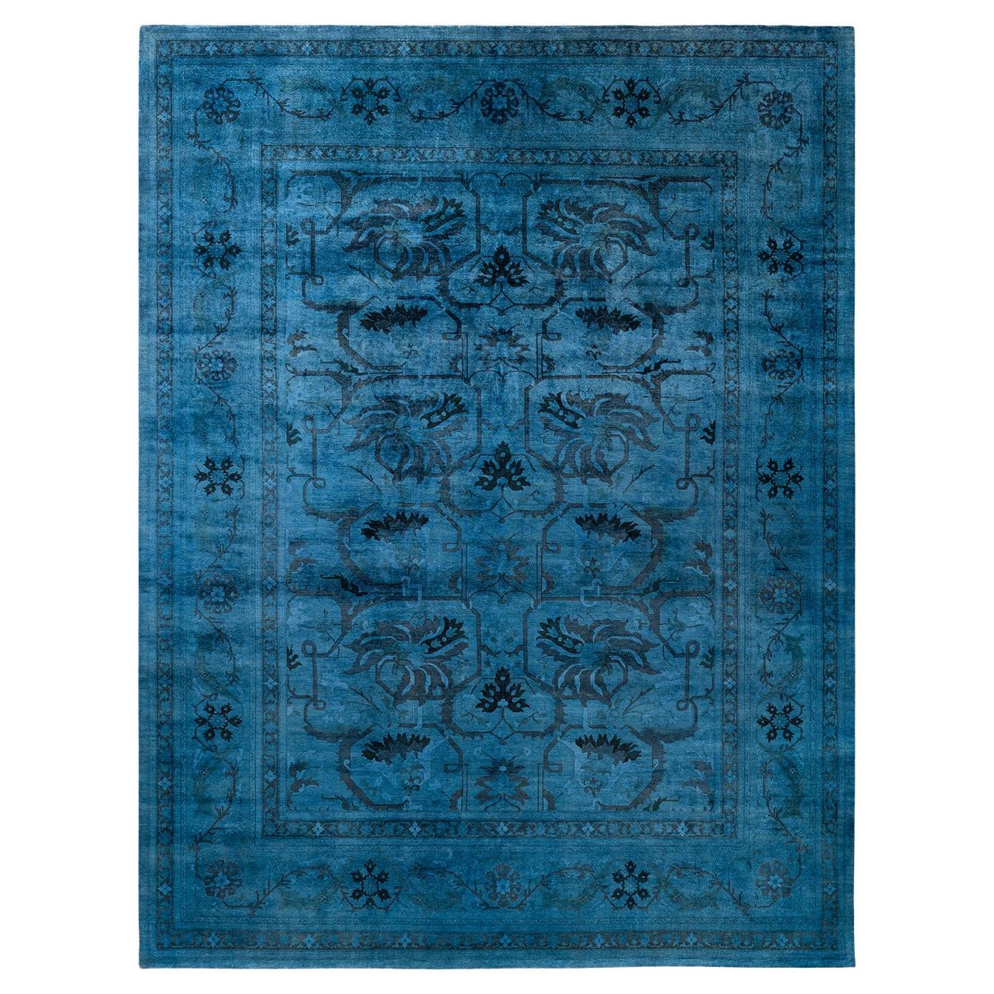 Tappeto contemporaneo in lana sovratinta annodata a mano di colore blu