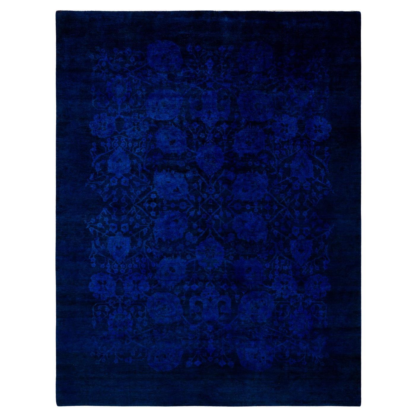 Contemporary Overdyed Hand Knotted Wool Blue Area Rug For Sale