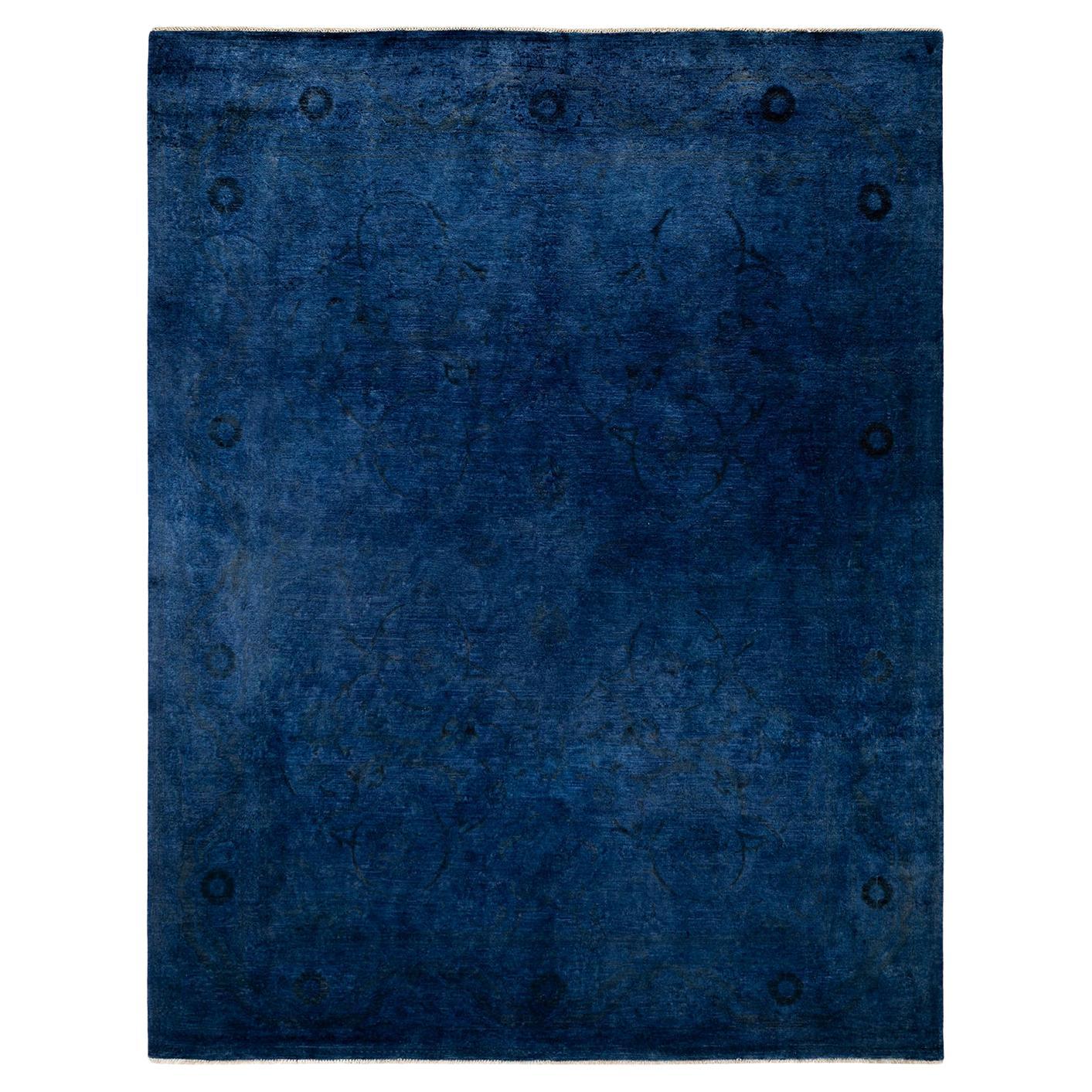 Contemporary Overdyed Hand Knotted Wool Blue Area Rug