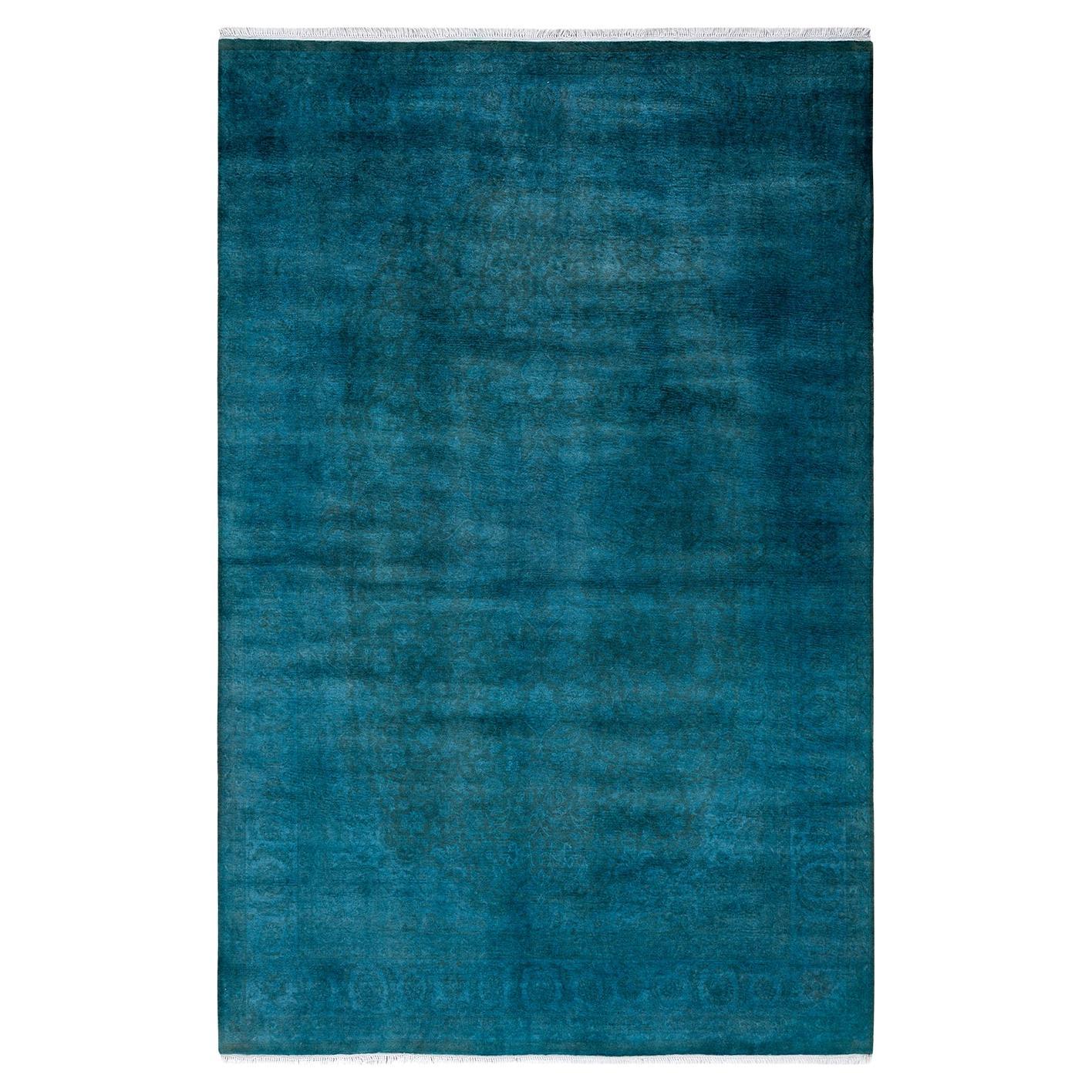 Contemporary Overdyed Hand Knotted Wool Blue Area Rug