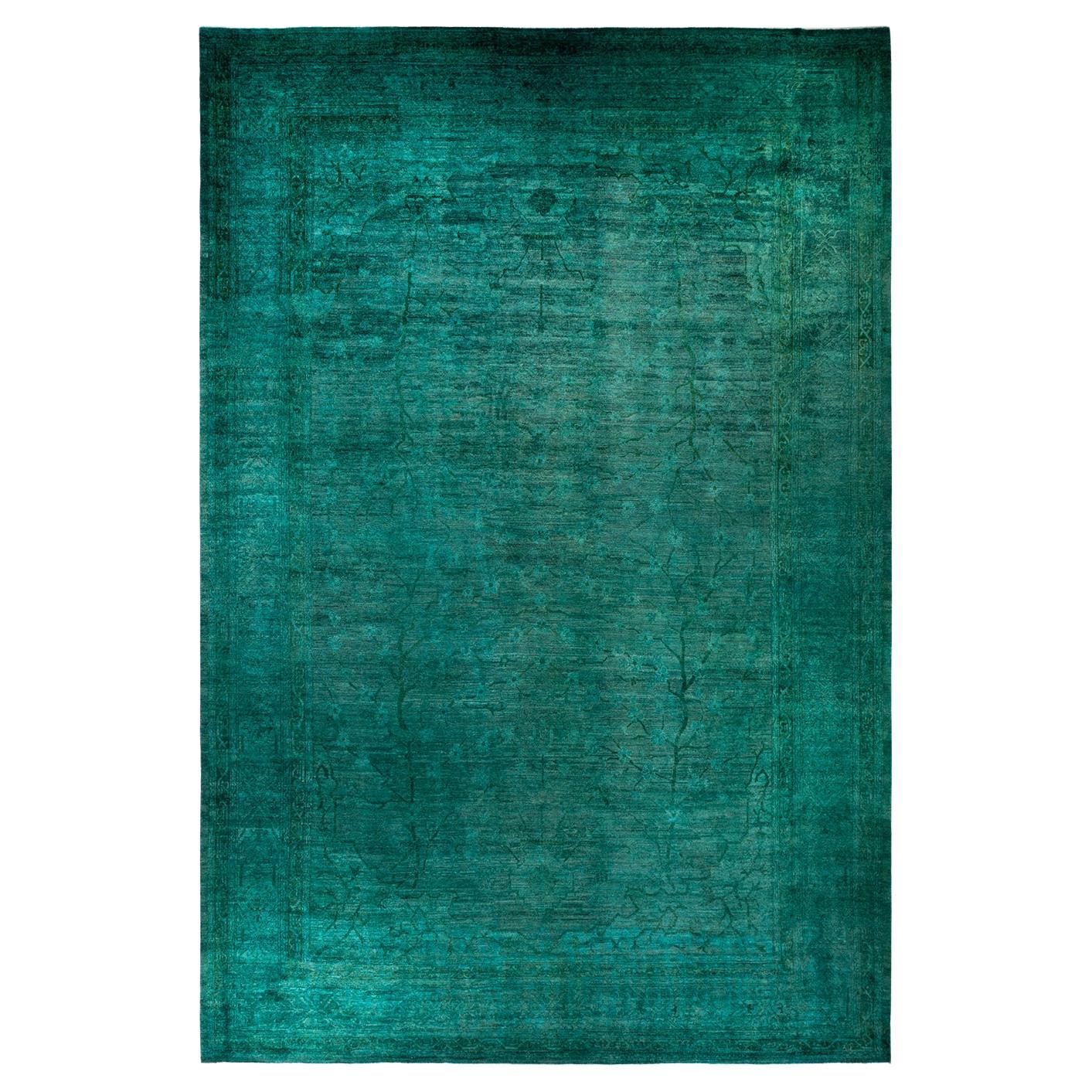 Contemporary Overdyed Hand Knotted Wool Blue Area Rug For Sale