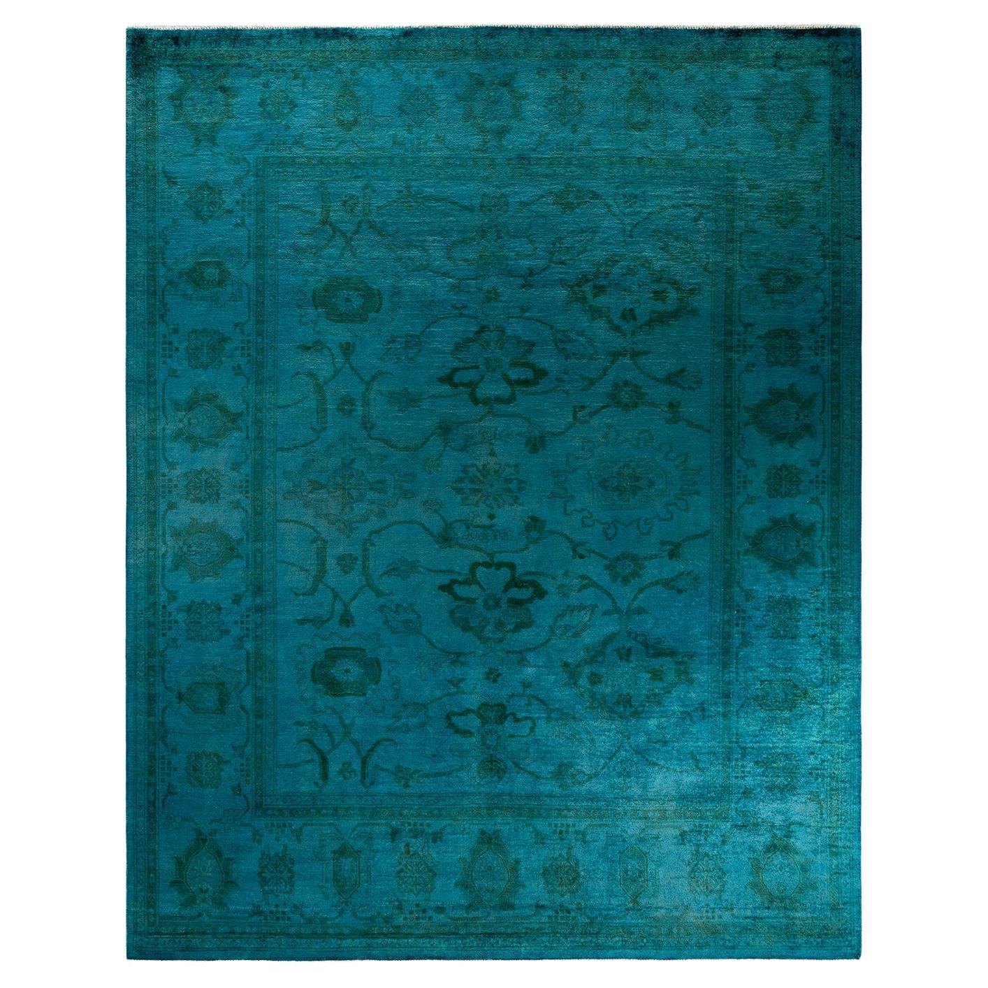 Contemporary Overdyed Hand Knotted Wool Blue Area Rug