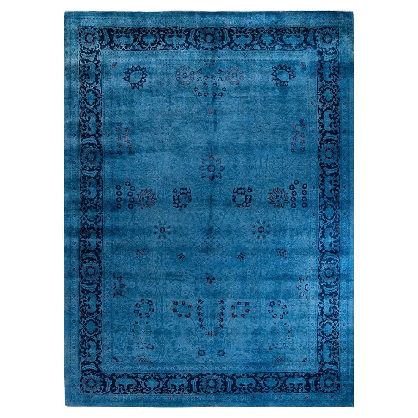 Tappeto contemporaneo in lana sovratinta annodata a mano di colore blu