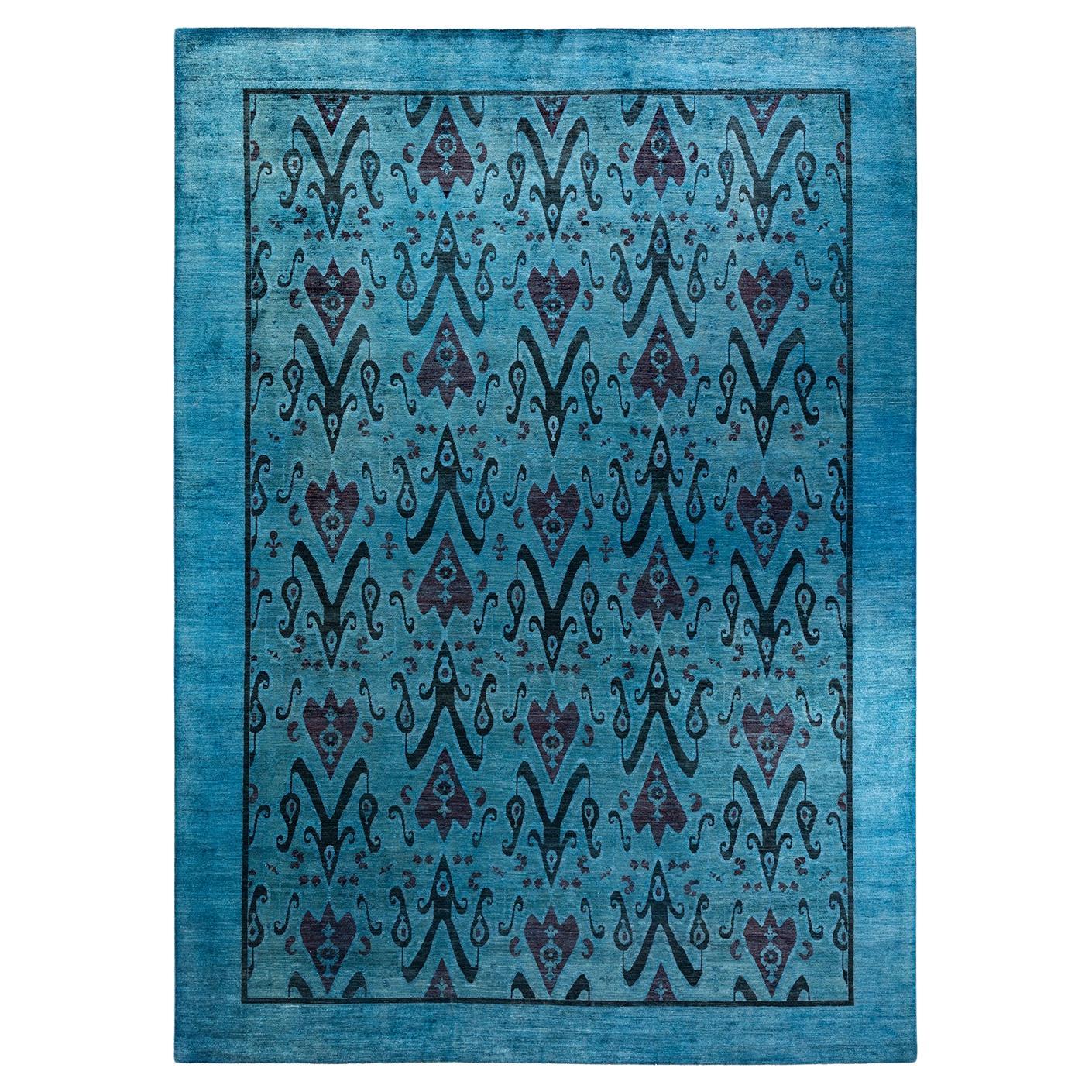 Tappeto contemporaneo in lana sovratinta annodata a mano di colore blu