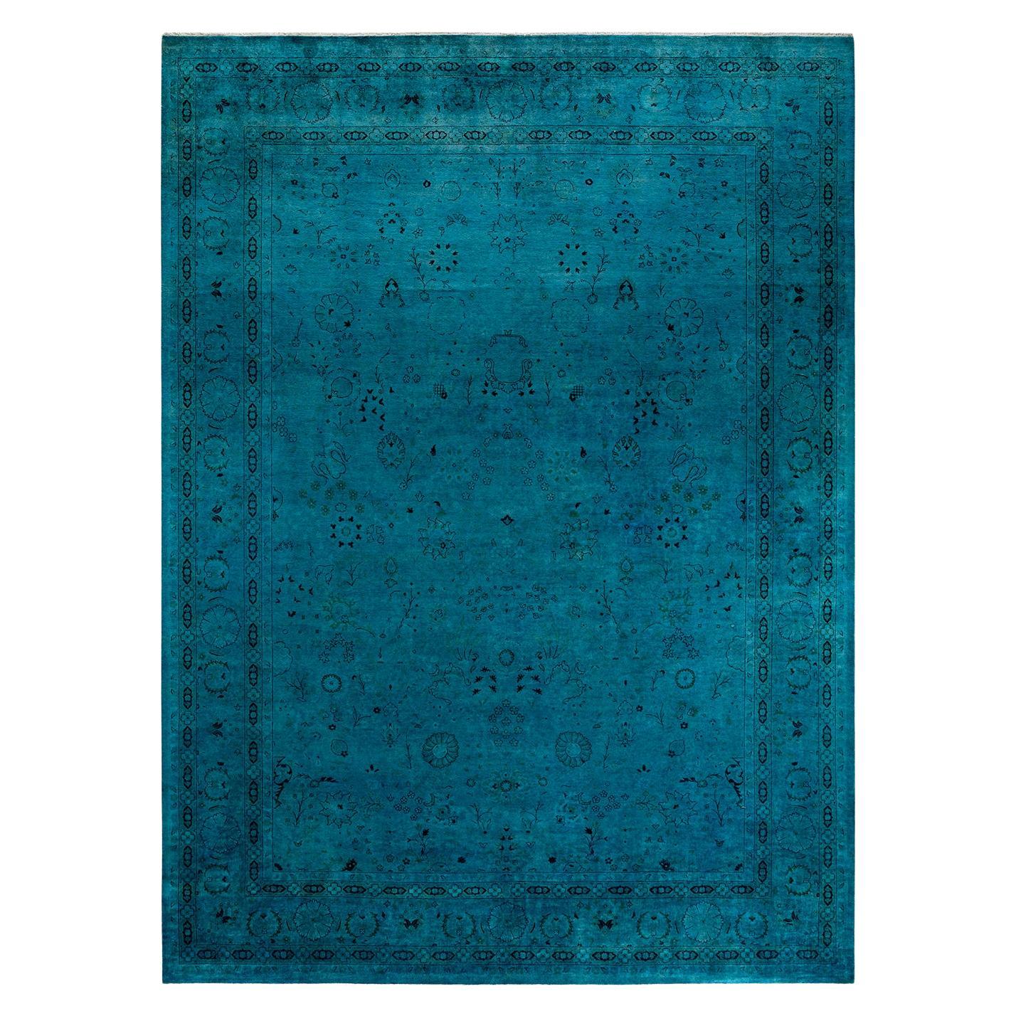 Tappeto contemporaneo in lana sovratinta annodata a mano di colore blu