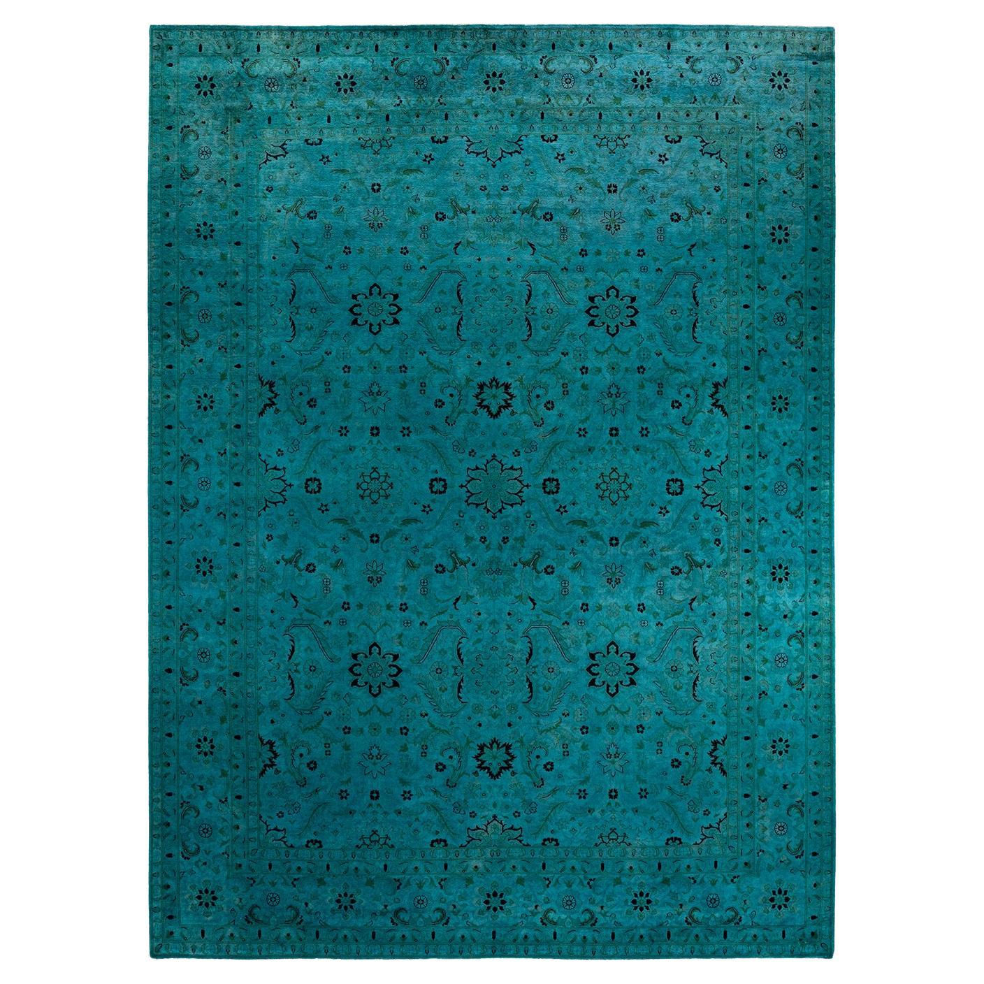 Tappeto contemporaneo in lana sovratinta annodata a mano di colore blu