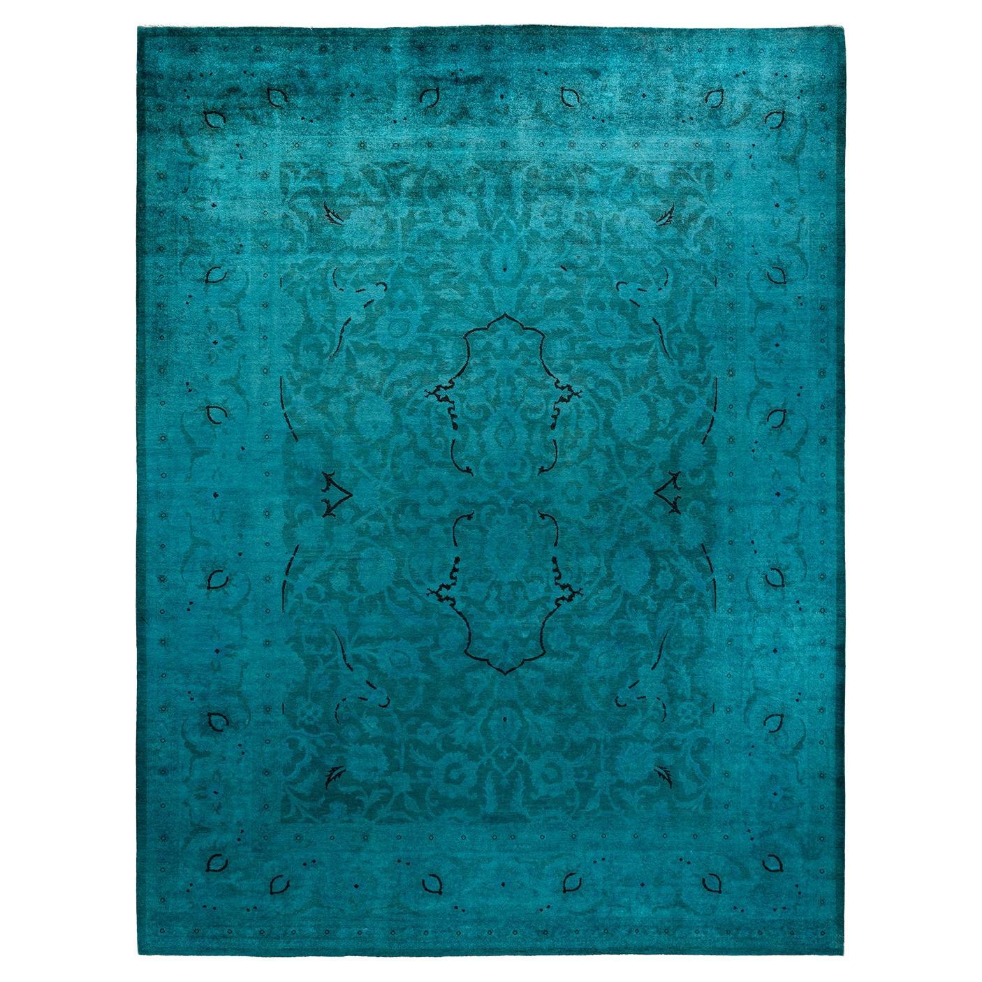 Tappeto contemporaneo in lana sovratinta annodata a mano di colore blu