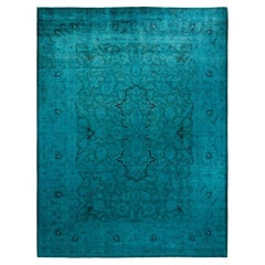 Tapis de sol contemporain en laine surteinte nouée à la main, bleu