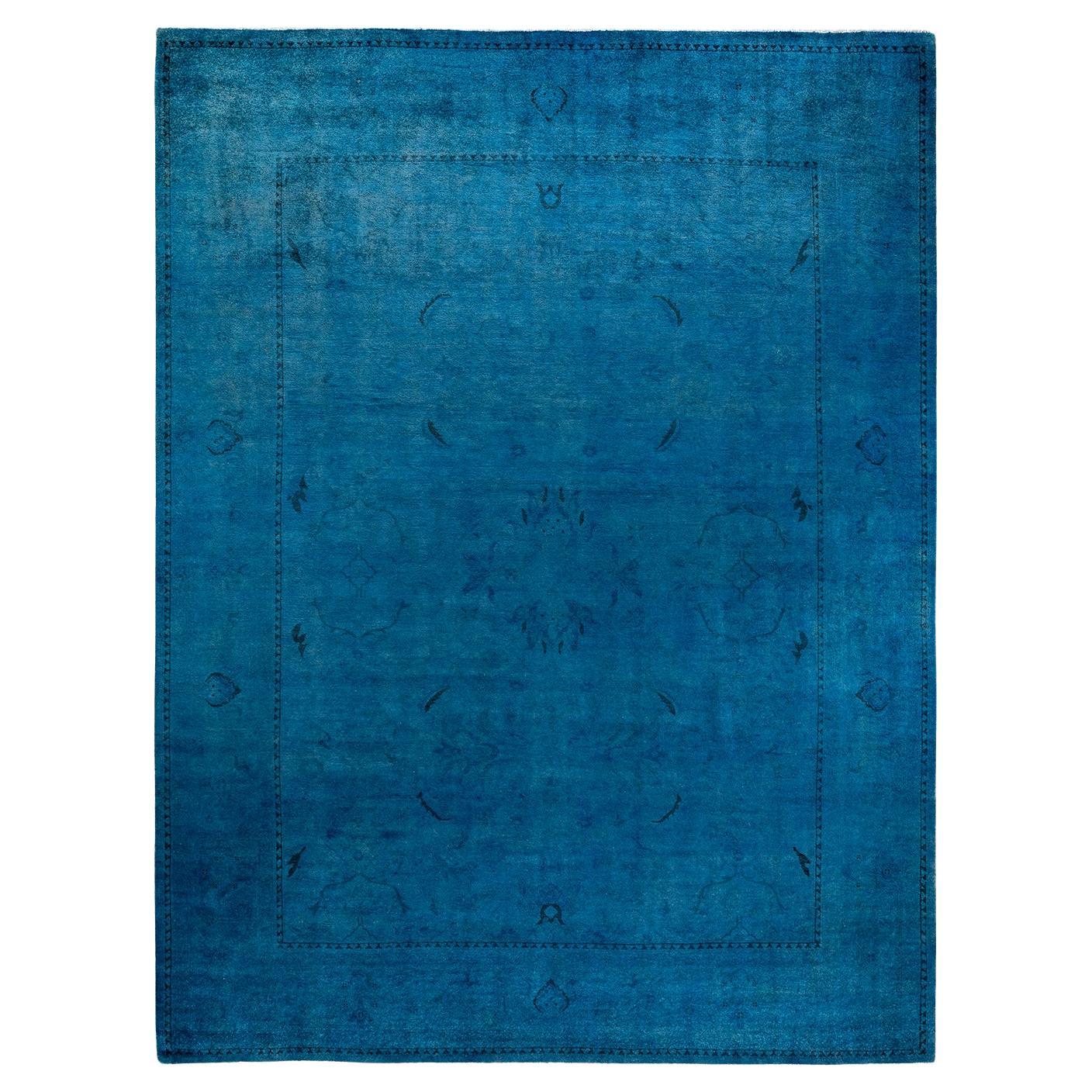 Contemporary Overdyed Hand Knotted Wool Blue Area Rug