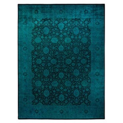 Tapis de sol contemporain en laine surteinte nouée à la main, bleu