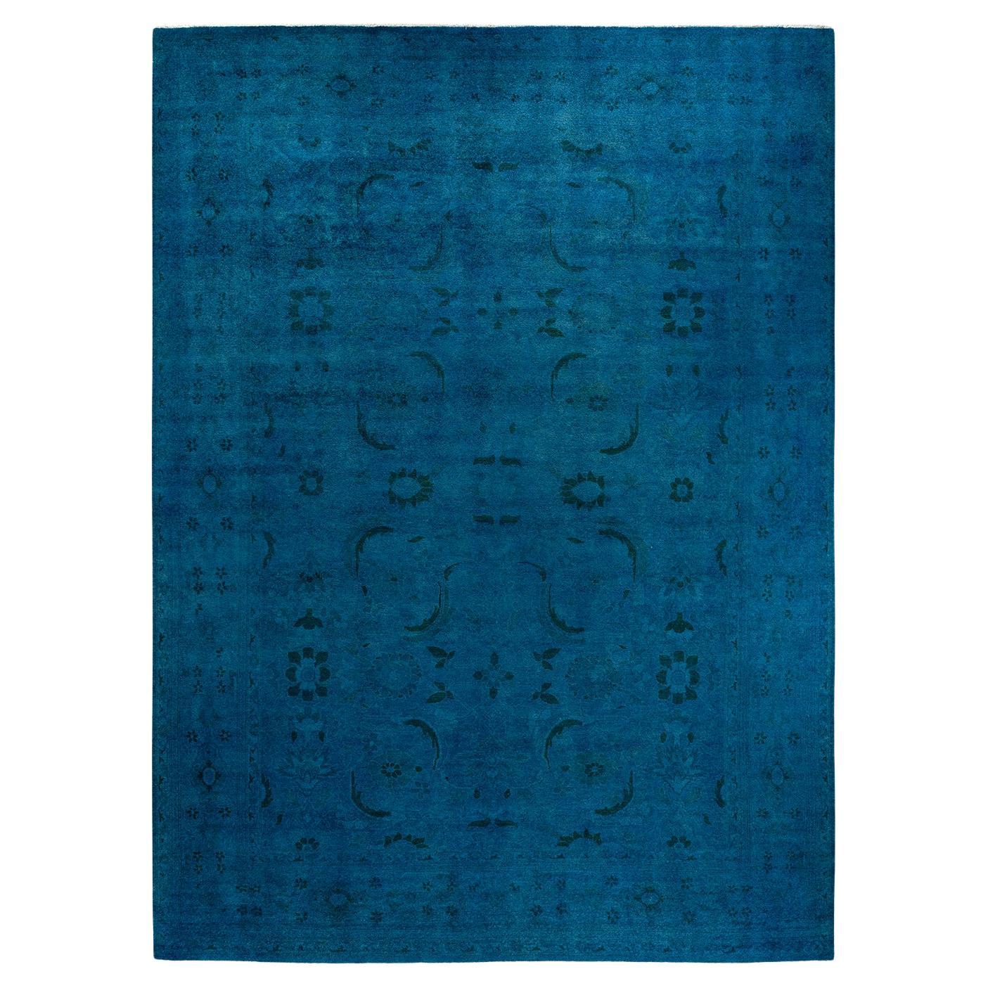 Contemporary Overdyed Hand Knotted Wool Blue Area Rug For Sale