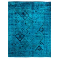 Tapis de sol contemporain en laine surteinte nouée à la main, bleu