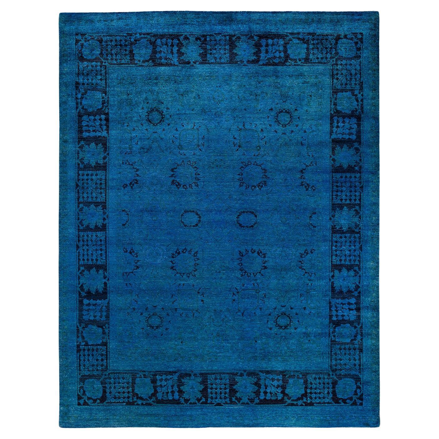 Tappeto contemporaneo in lana sovratinta annodata a mano di colore blu