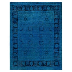 Tapis de sol contemporain en laine surteinte nouée à la main, bleu