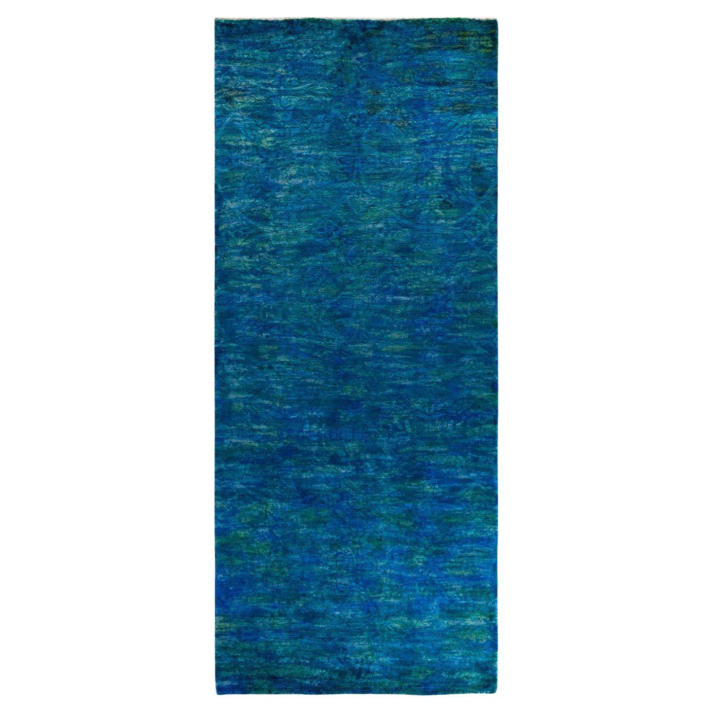 Tapis de sol contemporain en laine surteinte nouée à la main, bleu