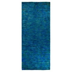 Tapis de sol contemporain en laine surteinte nouée à la main, bleu