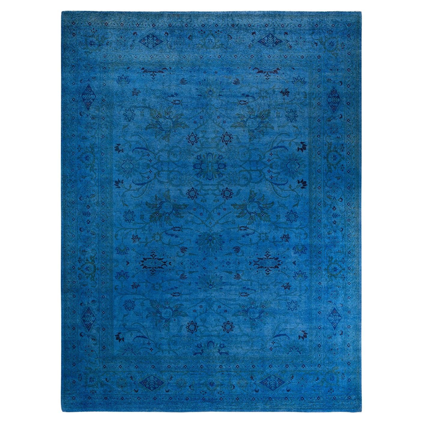 Tappeto contemporaneo in lana sovratinta annodata a mano di colore blu