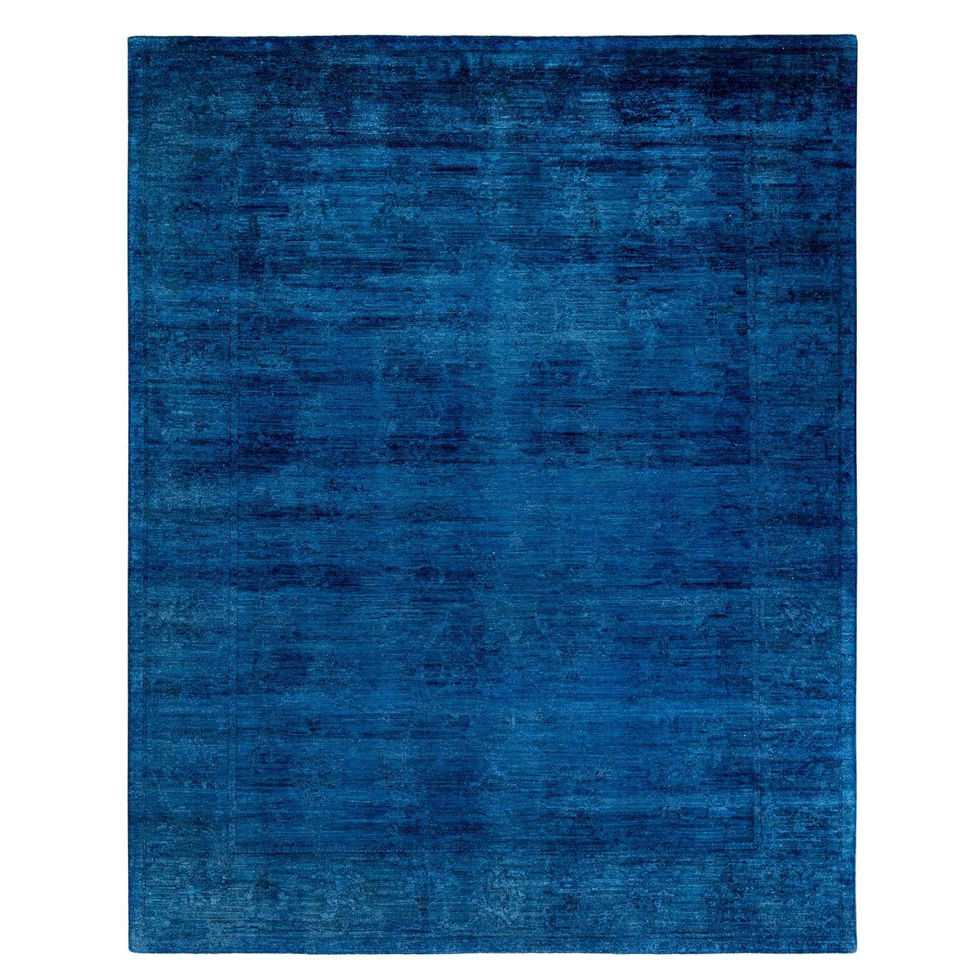 Contemporary Overdyed Hand Knotted Wool Blue Area Rug