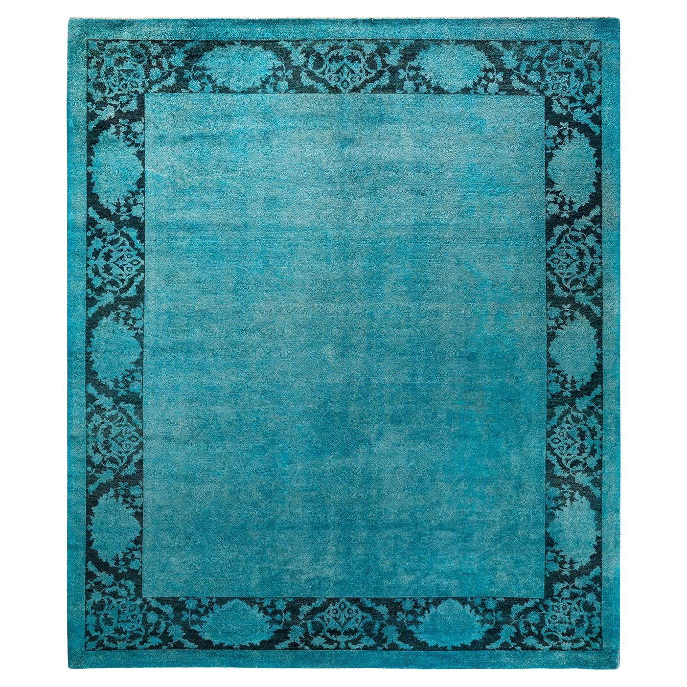 Contemporary Overdyed Hand Knotted Wool Blue Area Rug For Sale