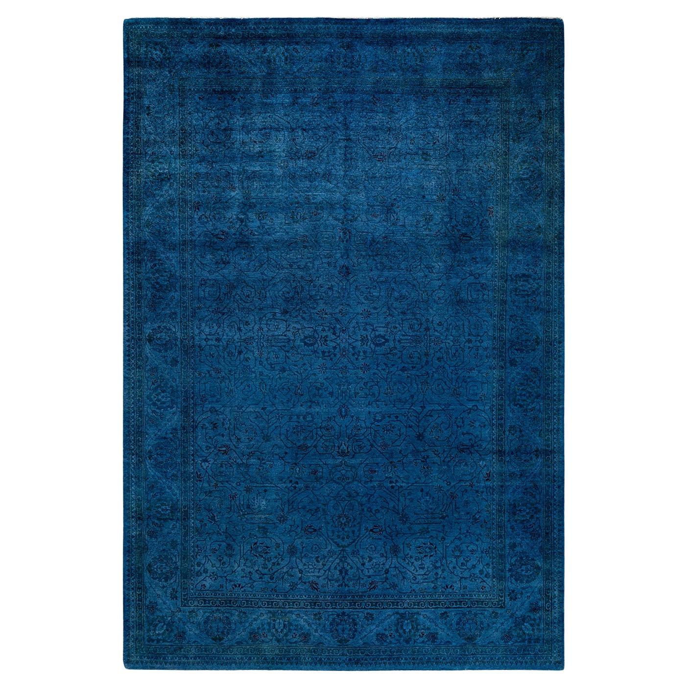 Contemporary Overdyed Hand Knotted Wool Blue Area Rug For Sale