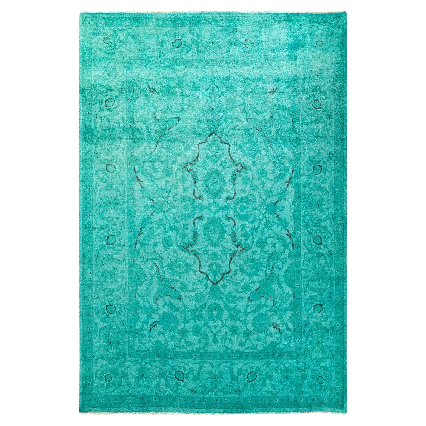 Tappeto contemporaneo in lana sovratinta annodata a mano di colore blu
