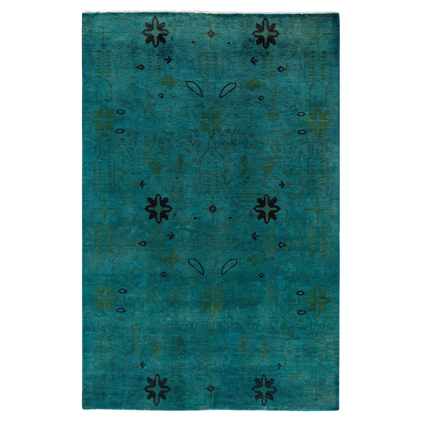 Contemporary Overdyed Hand Knotted Wool Blue Area Rug
