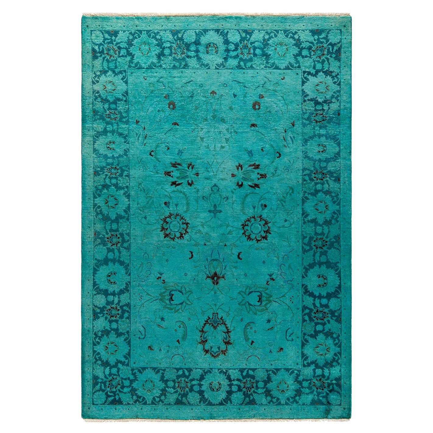 Tapis de sol contemporain en laine surteinte nouée à la main, bleu en vente