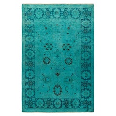 Tapis de sol contemporain en laine surteinte nouée à la main, bleu