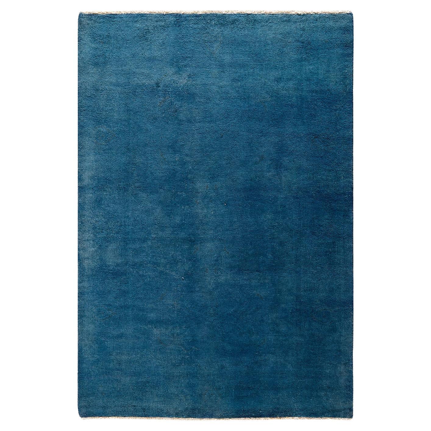 Contemporary Overdyed Hand Knotted Wool Blue Area Rug For Sale