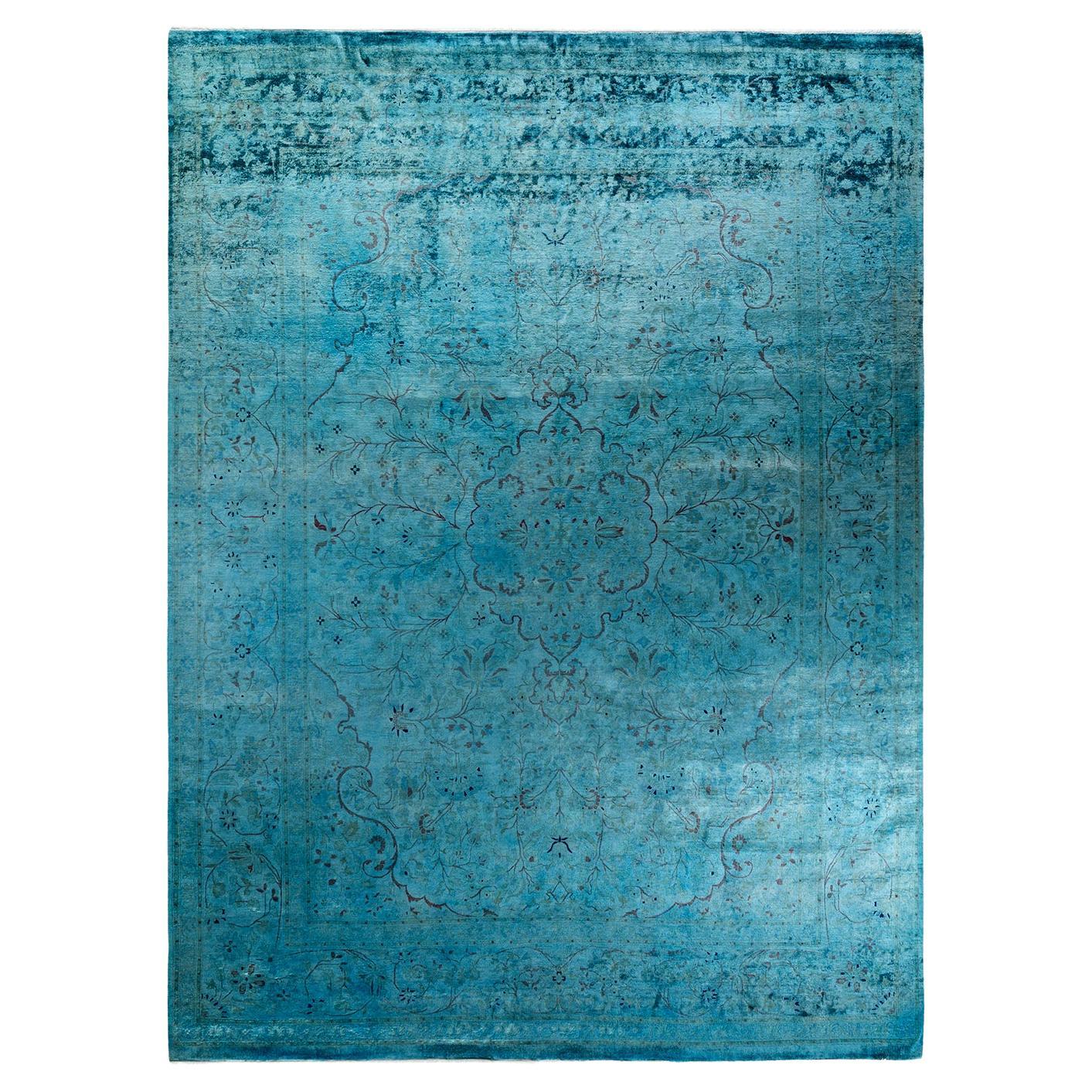 Tapis de sol contemporain en laine surteinte nouée à la main, bleu en vente