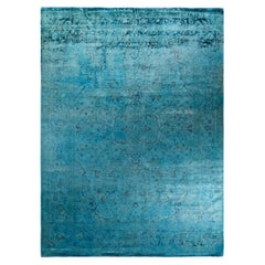 Tapis de sol contemporain en laine surteinte nouée à la main, bleu