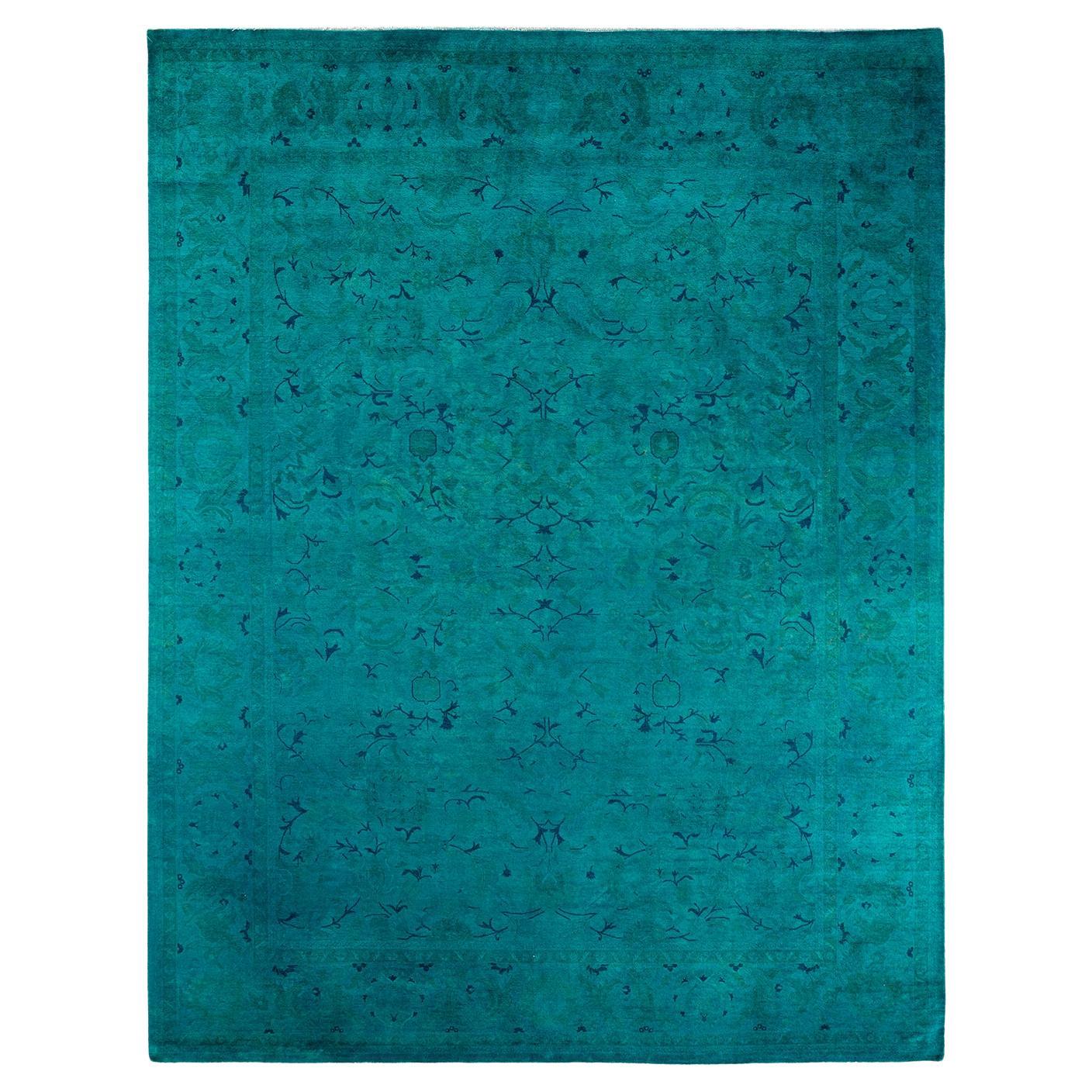 Tapis de sol contemporain en laine surteinte nouée à la main, bleu