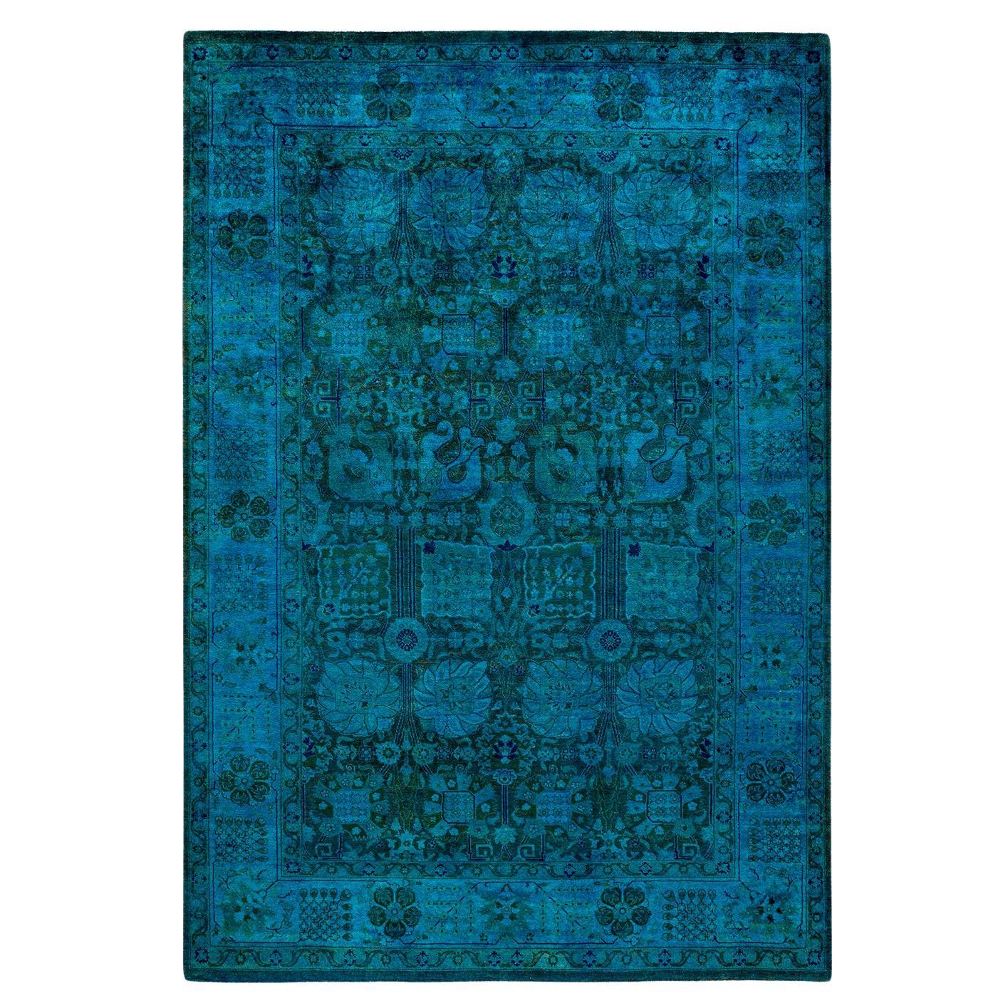 Contemporary Overdyed Hand Knotted Wool Blue Area Rug For Sale