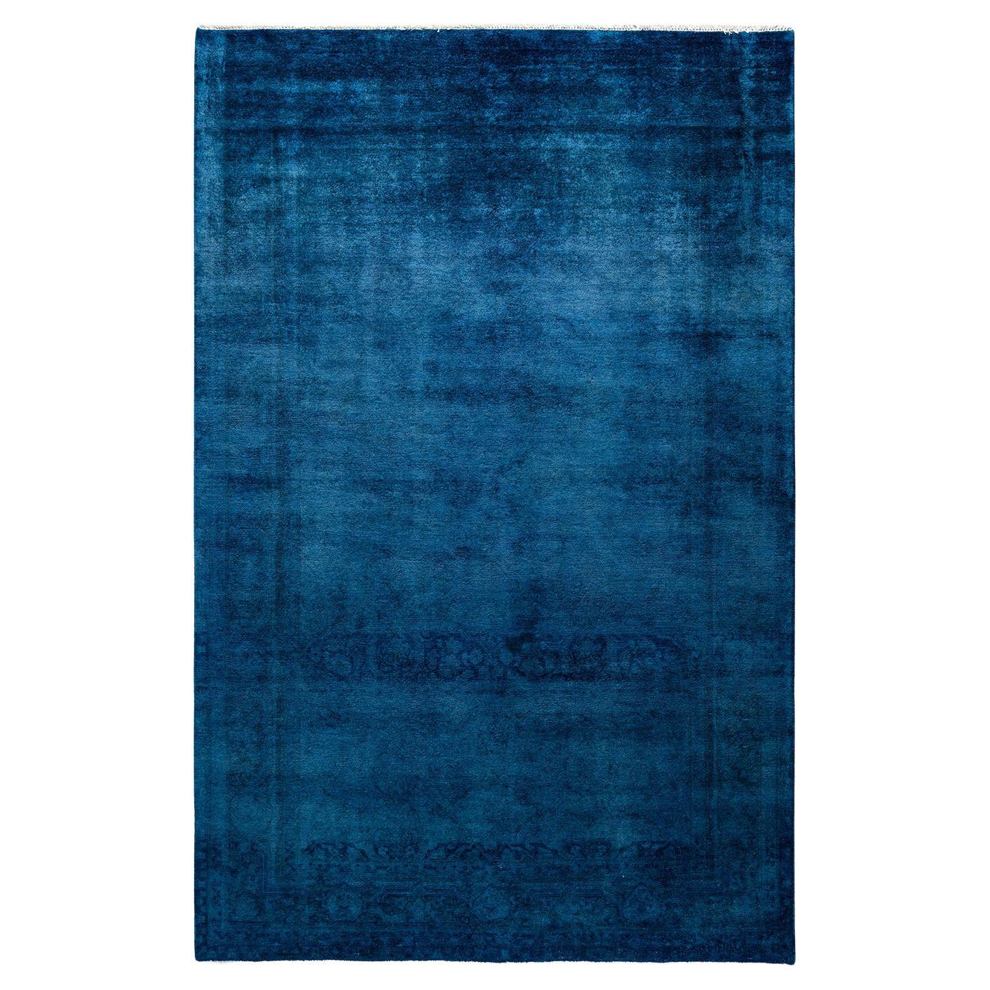 Contemporary Overdyed Hand Knotted Wool Blue Area Rug For Sale